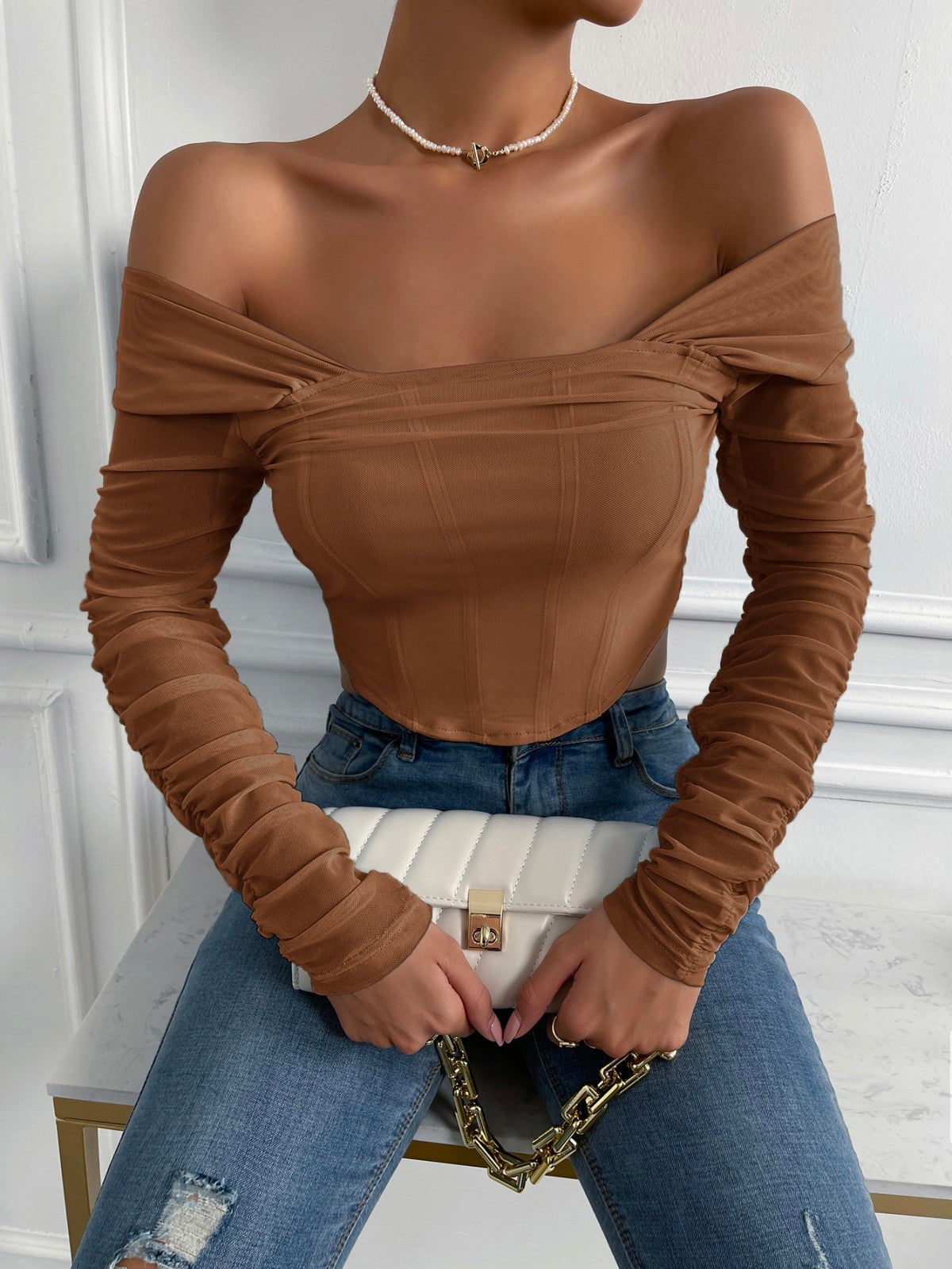 Off-Shoulder Mesh Sleeve Crop Top