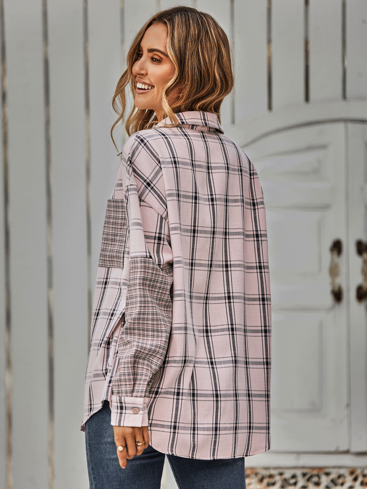 Collared Neck Long Sleeve Colorblock Plaid Blouse