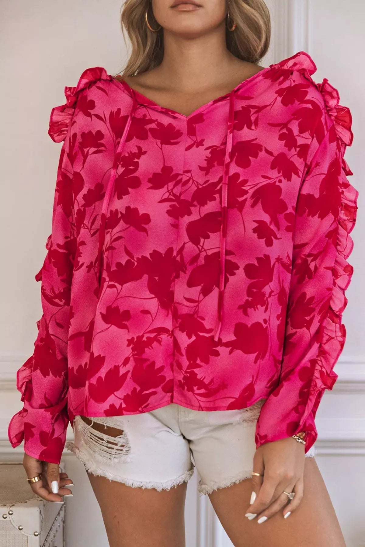 Rose Ruffled Floral Print Blouse