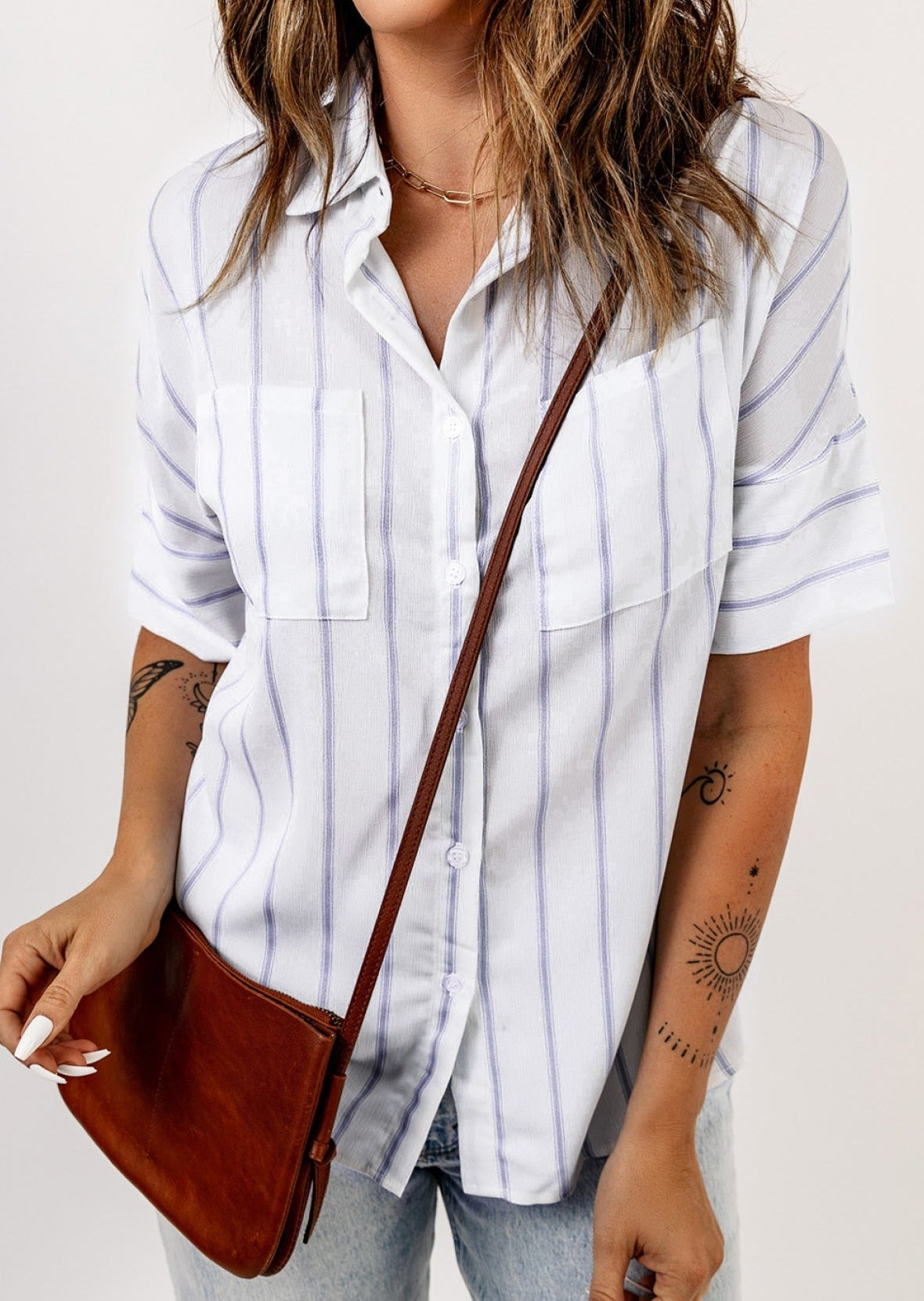 Button Up Collared Pocketed Striped Shirt