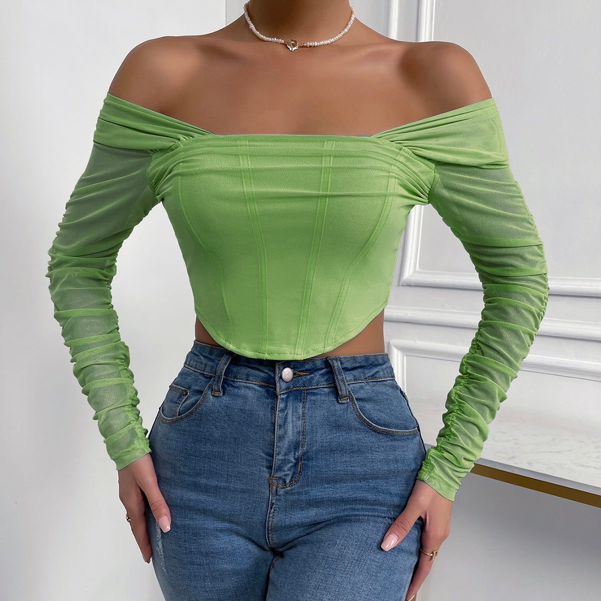 Off-Shoulder Mesh Sleeve Crop Top