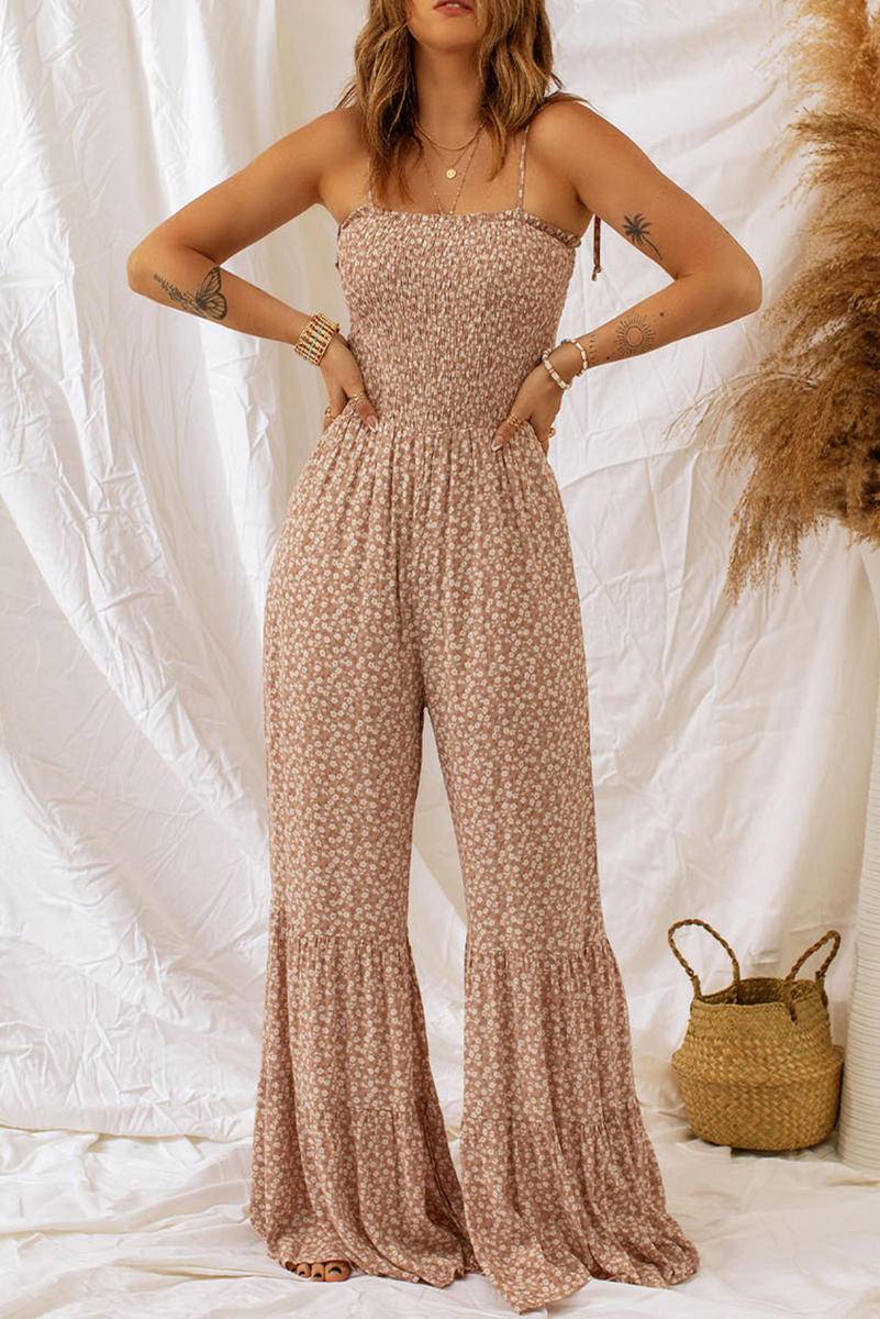 Straps Smocked Bodice Wide Leg Floral Jumpsuit