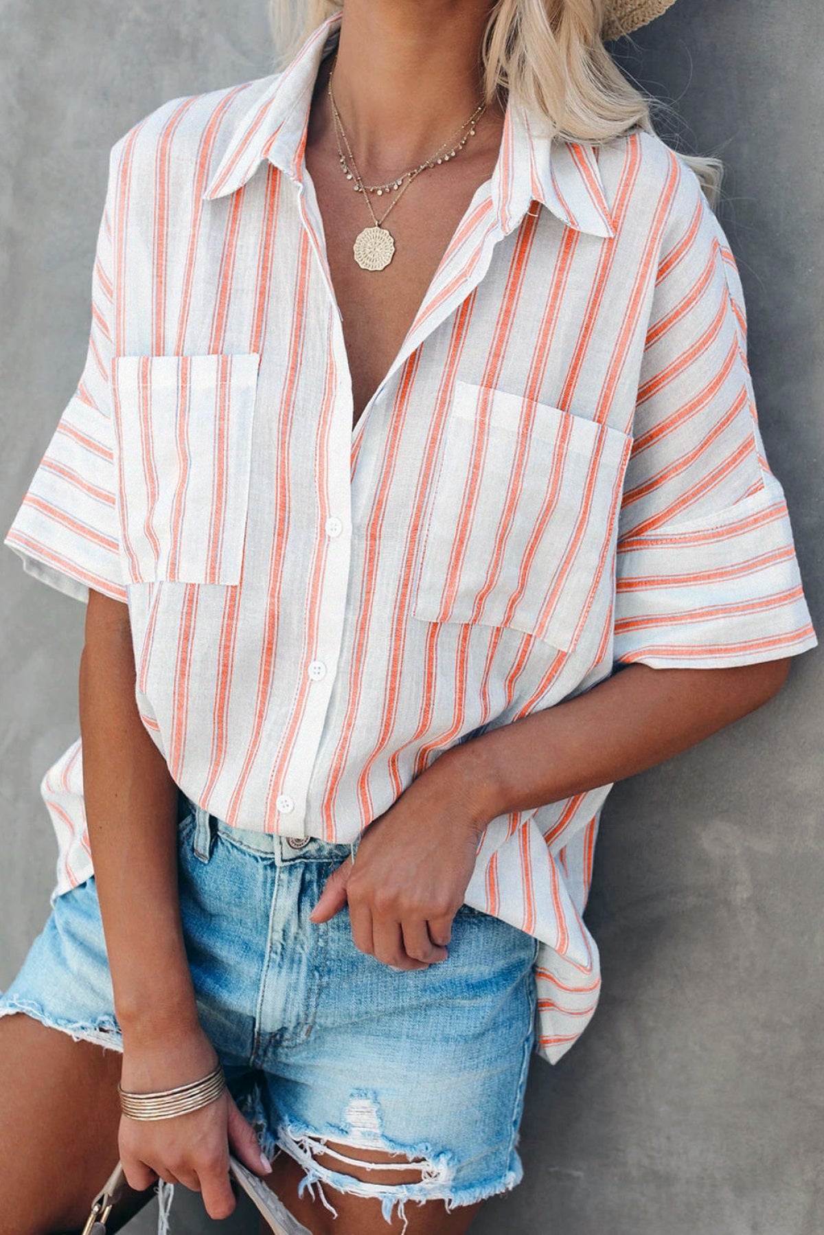 Button Up Collared Pocketed Striped Shirt