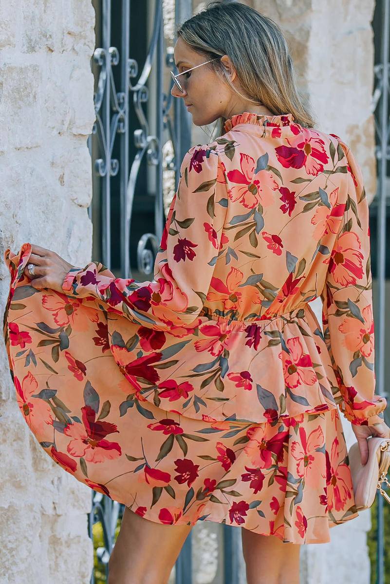 Frilled Collar Long Sleeve Floral Dress With Ruffle