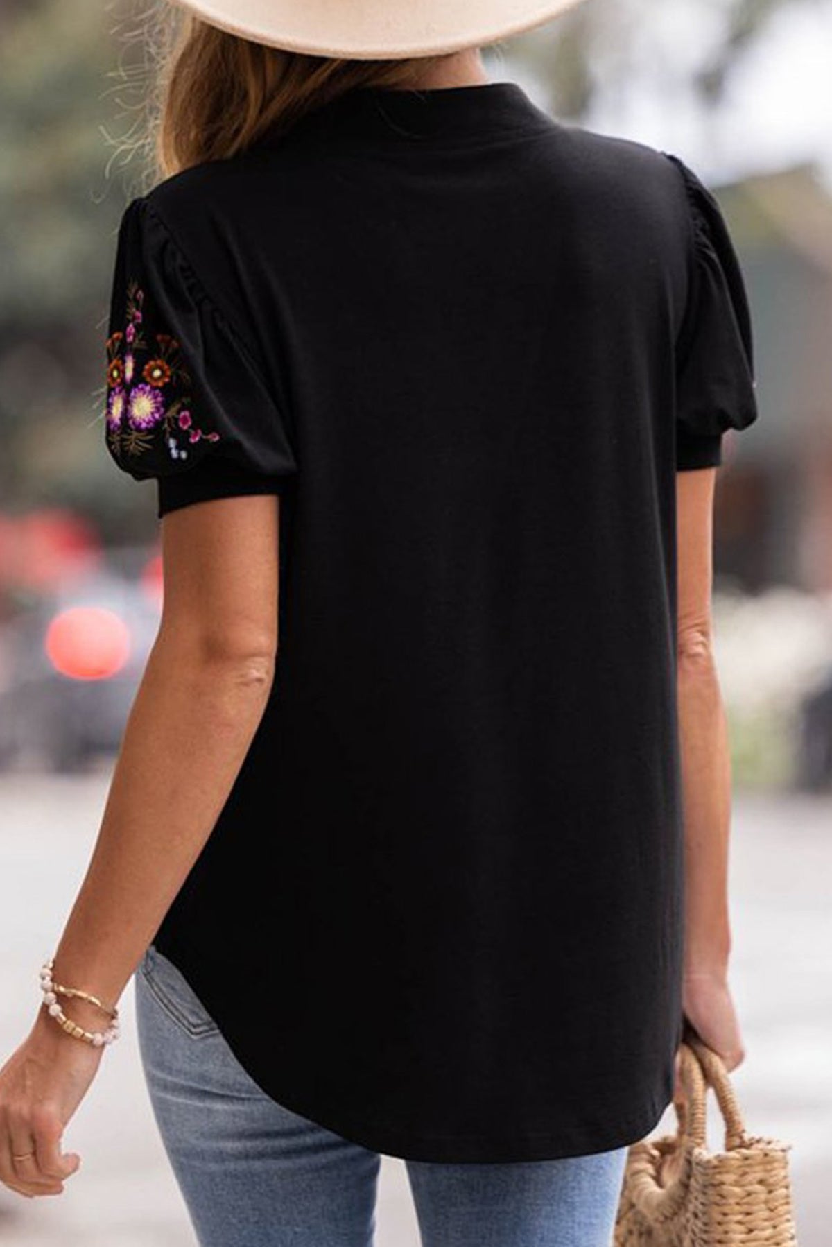 Floral Embroidered Sleeve Notch Neck Top