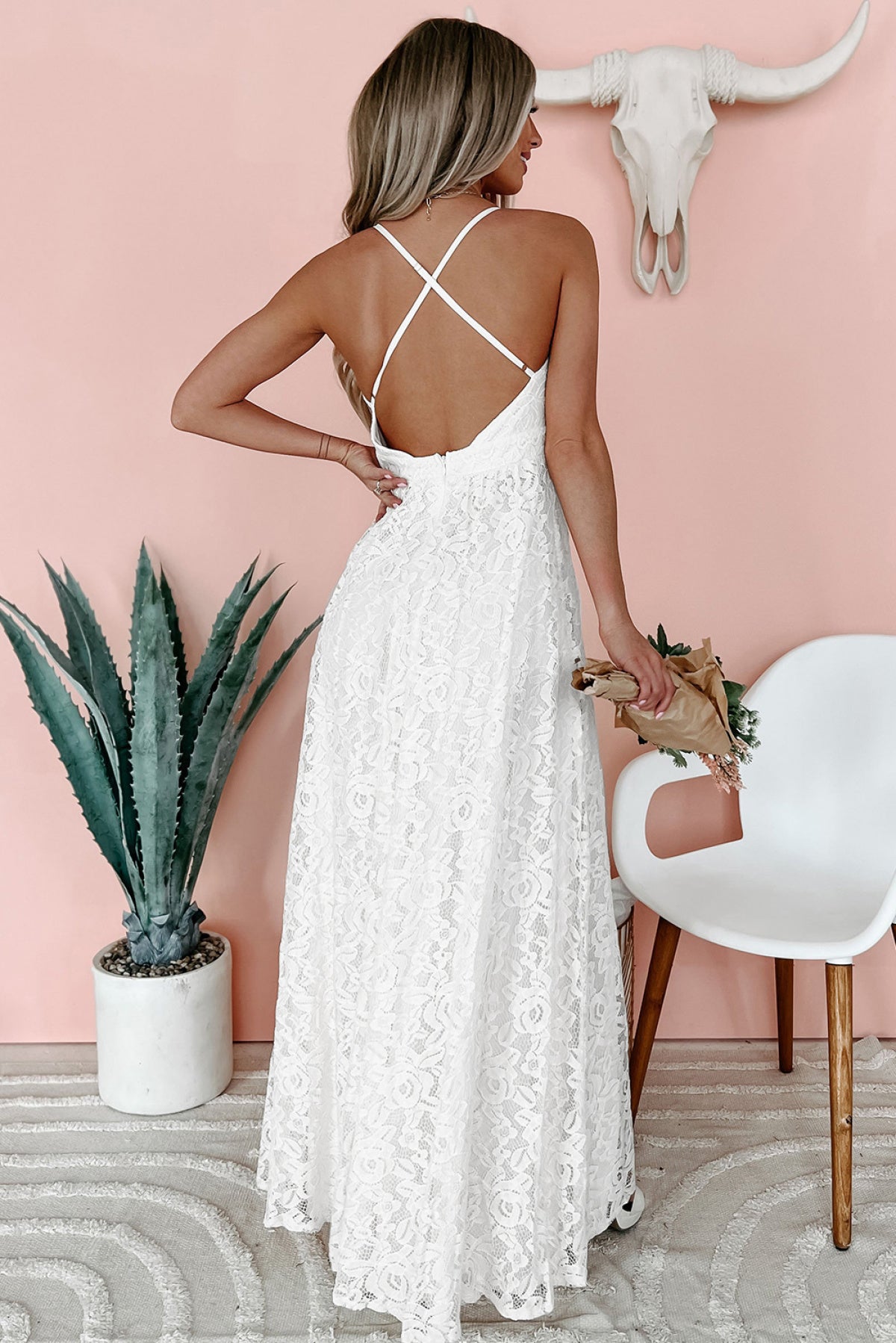 White Floral Lace Open Back Maxi Dress