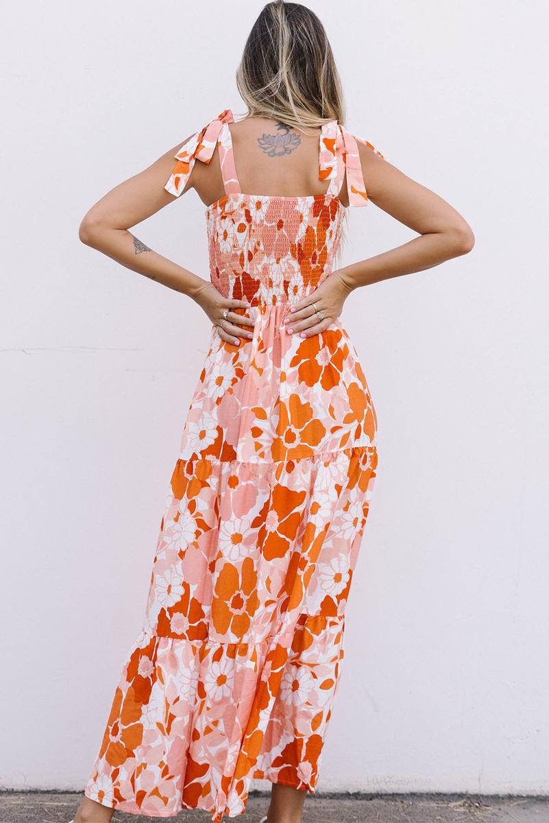 Shirred Tie Shoulder Strap Sleeveless Floral Maxi Dress