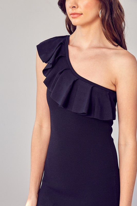 Charming You Black One Shoulder Ruffle Dress - Arundel Fashion