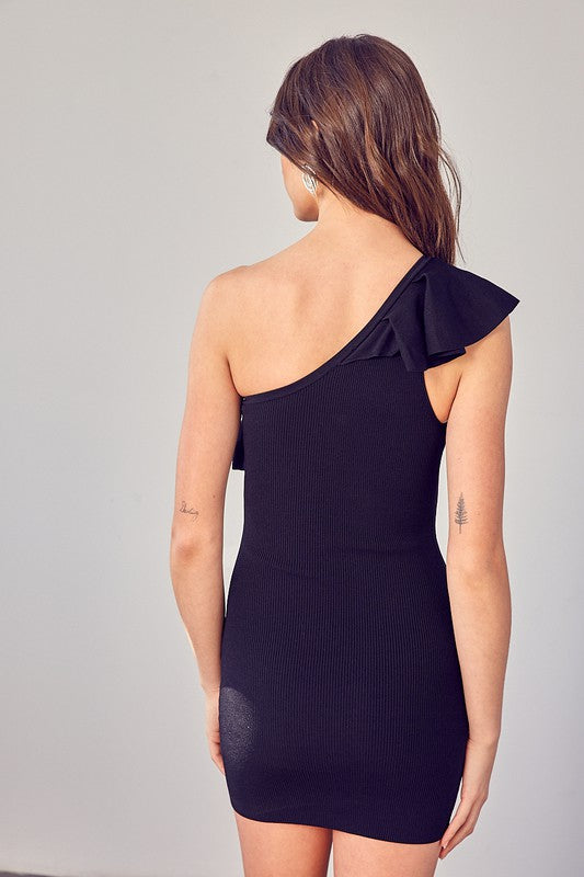 Charming You Black One Shoulder Ruffle Dress - Arundel Fashion