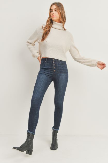 FRAYED HEM BUTTON UP SKINNY JEANS - Arundel Fashion