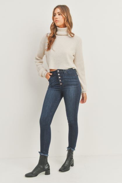 FRAYED HEM BUTTON UP SKINNY JEANS - Arundel Fashion