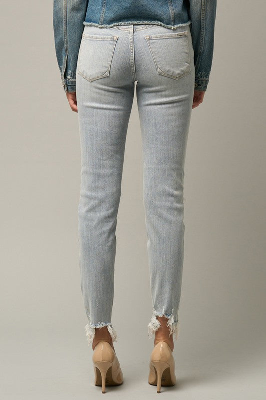 Mid Rise Frayed Hem Ripped Crop Skinny Jeans