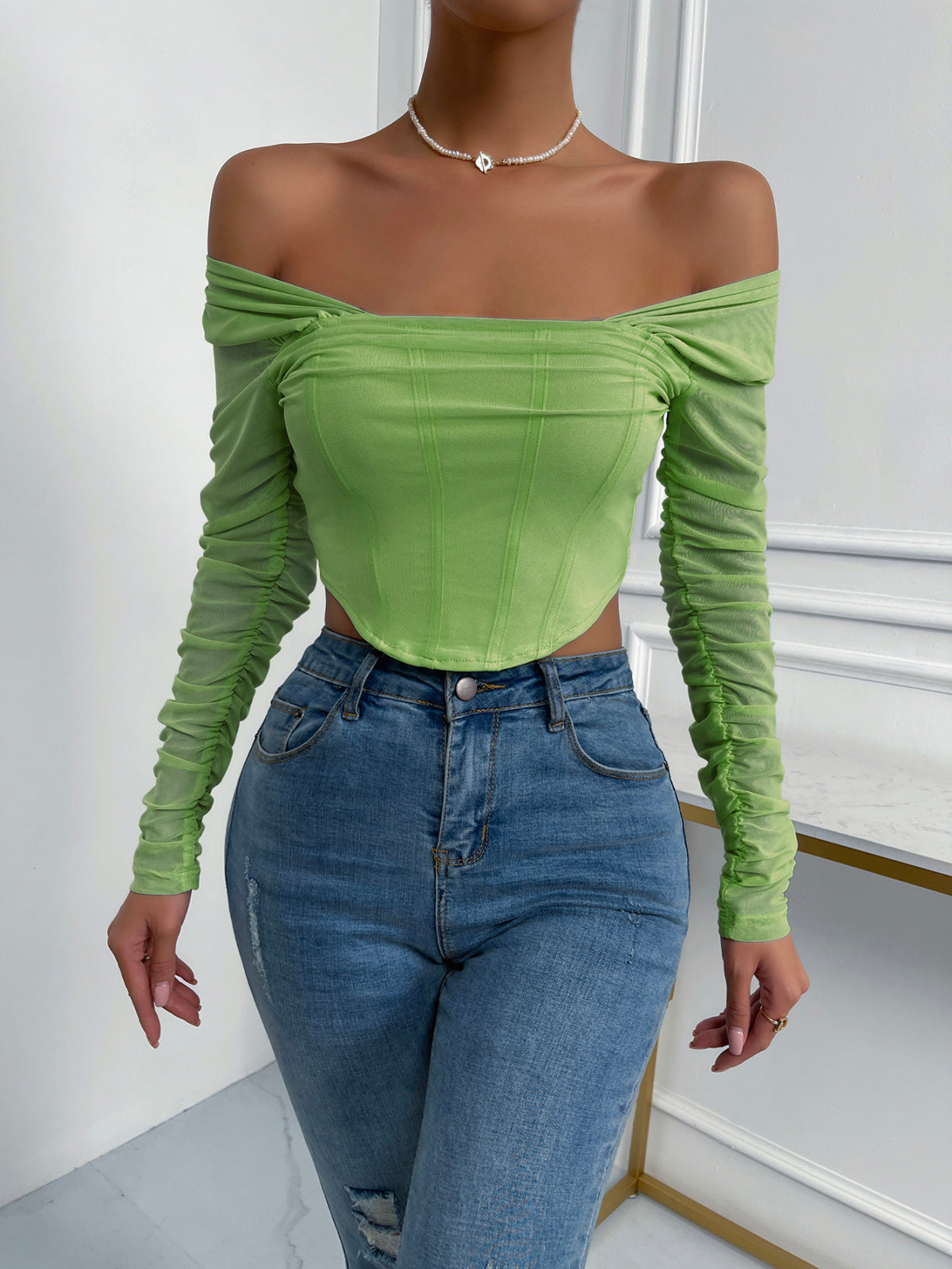 Off-Shoulder Mesh Sleeve Crop Top