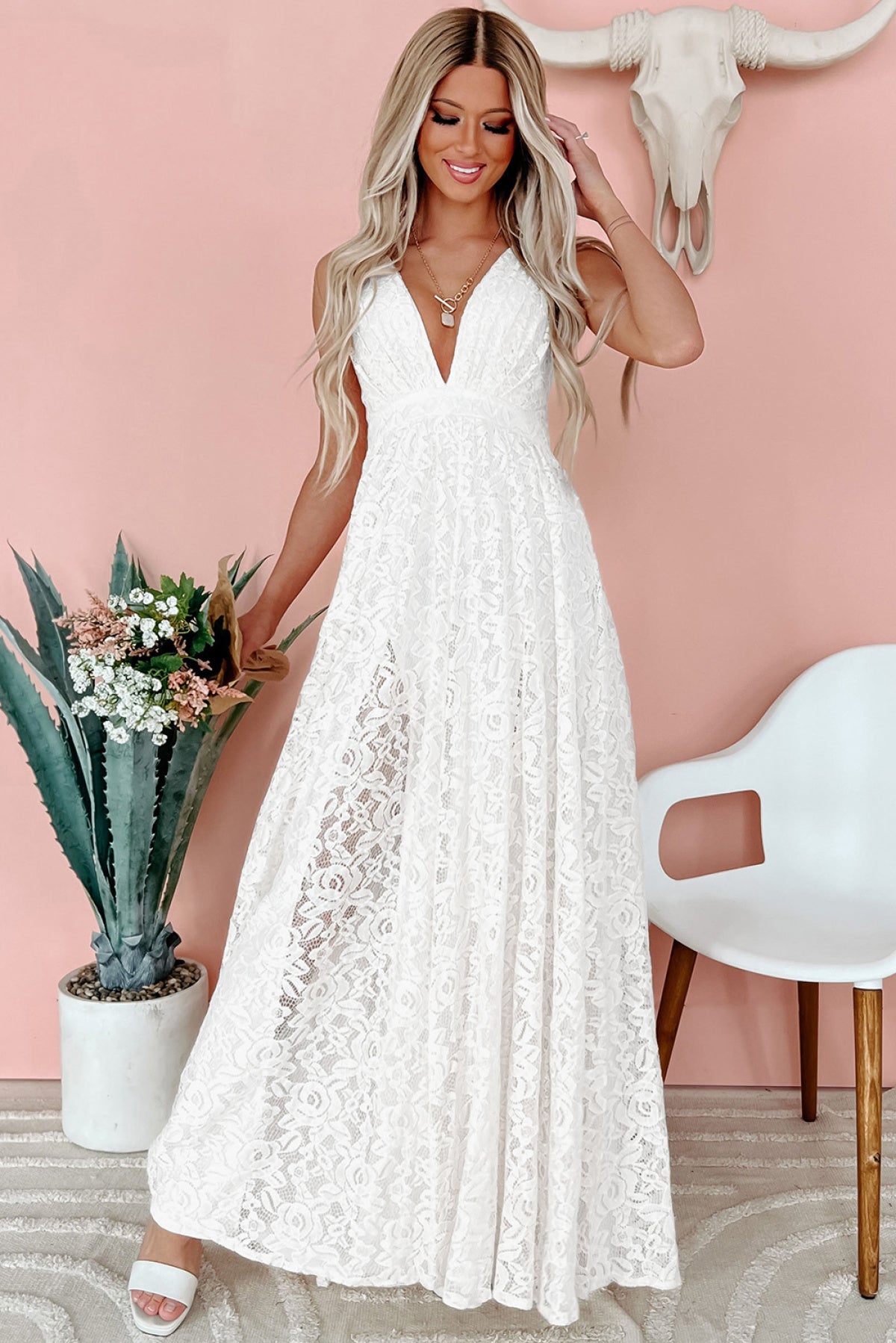 White Floral Lace Open Back Maxi Dress