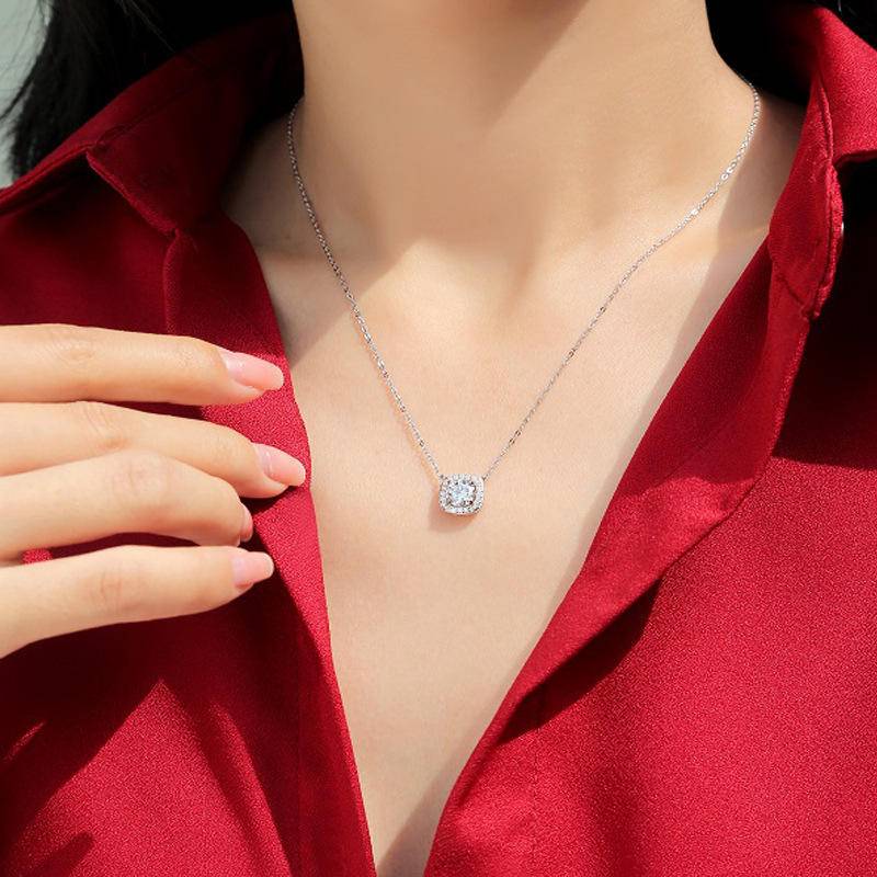 Sterling Silver Square-Shaped Moissanite Pendant Necklace