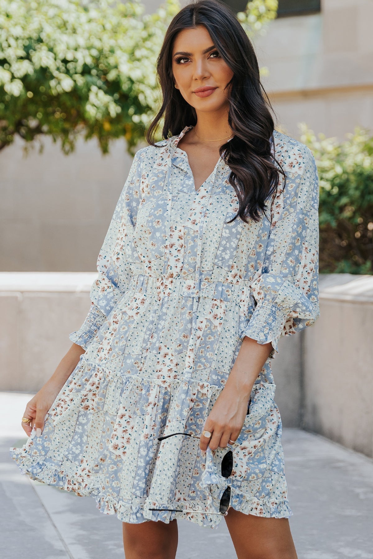 Sky Blue Floral Split V Neck Tiered Ruffle Dress