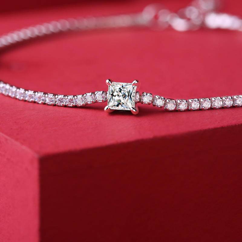 Sterling Silver Square-Shaped Moissanite Charm Bracelet