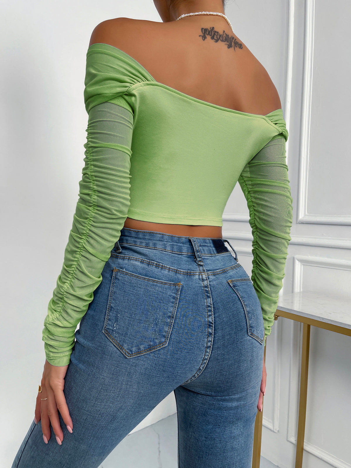 Off-Shoulder Mesh Sleeve Crop Top