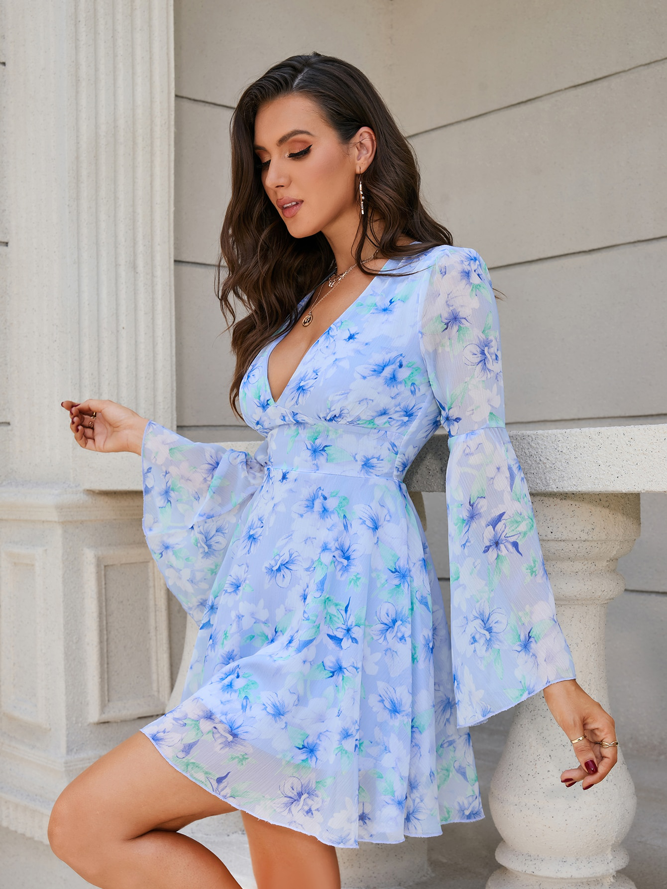 Plunging Neck Bell Sleeve Floral Dress