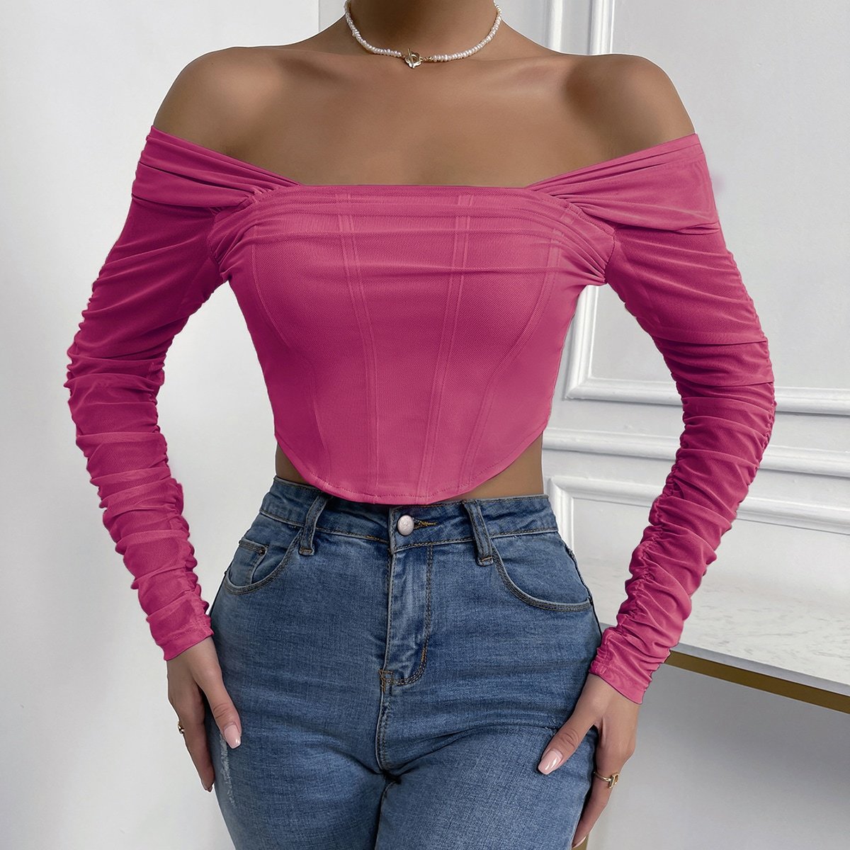 Off-Shoulder Mesh Sleeve Crop Top