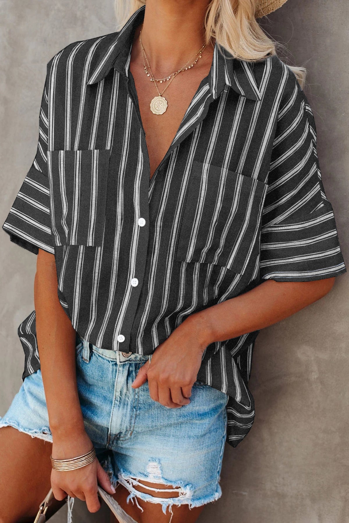 Button Up Collared Pocketed Striped Shirt