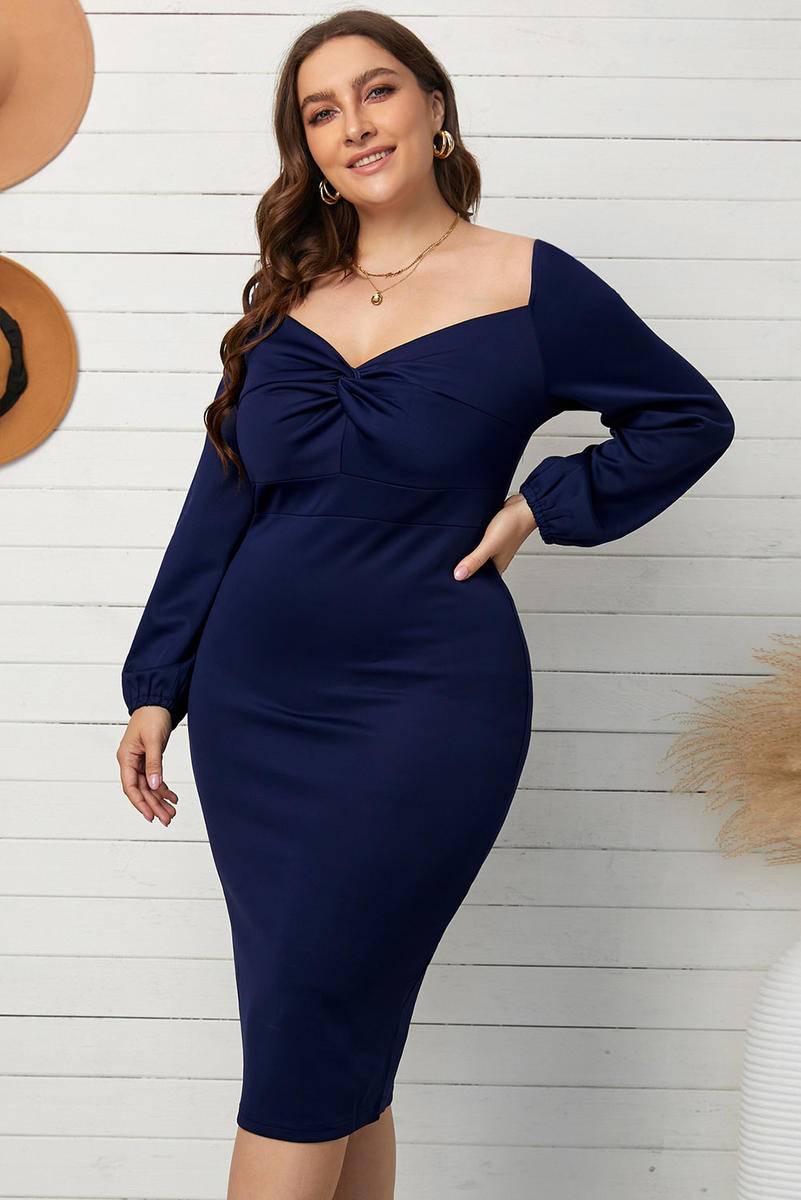 Long Sleeve Front Knot Plus Size Midi Dress