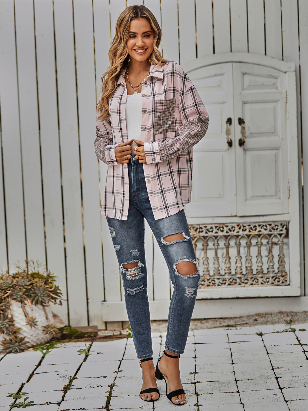 Collared Neck Long Sleeve Colorblock Plaid Blouse