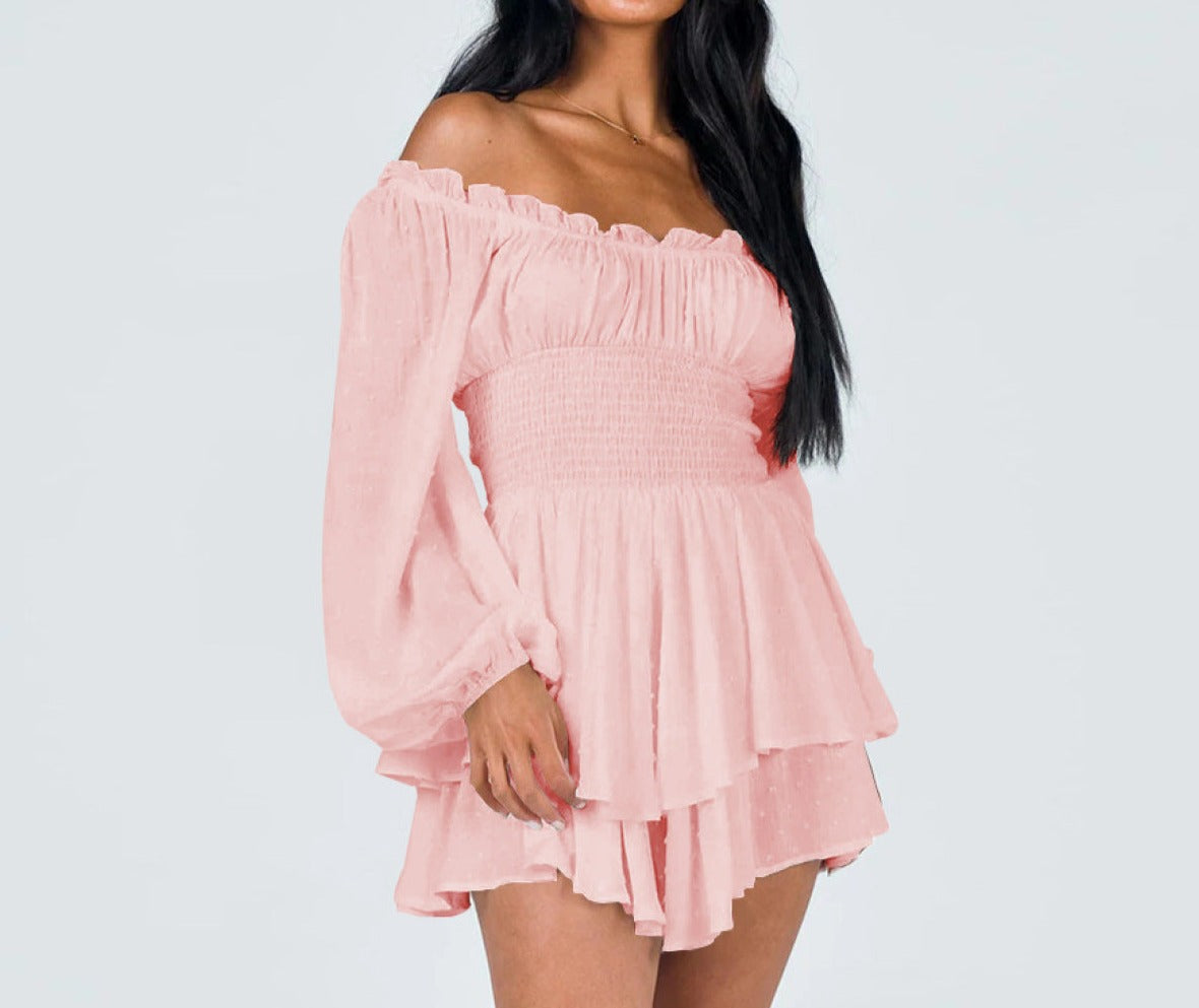 Off-Shoulder Smocked Elastic Waist Pleated Rompers