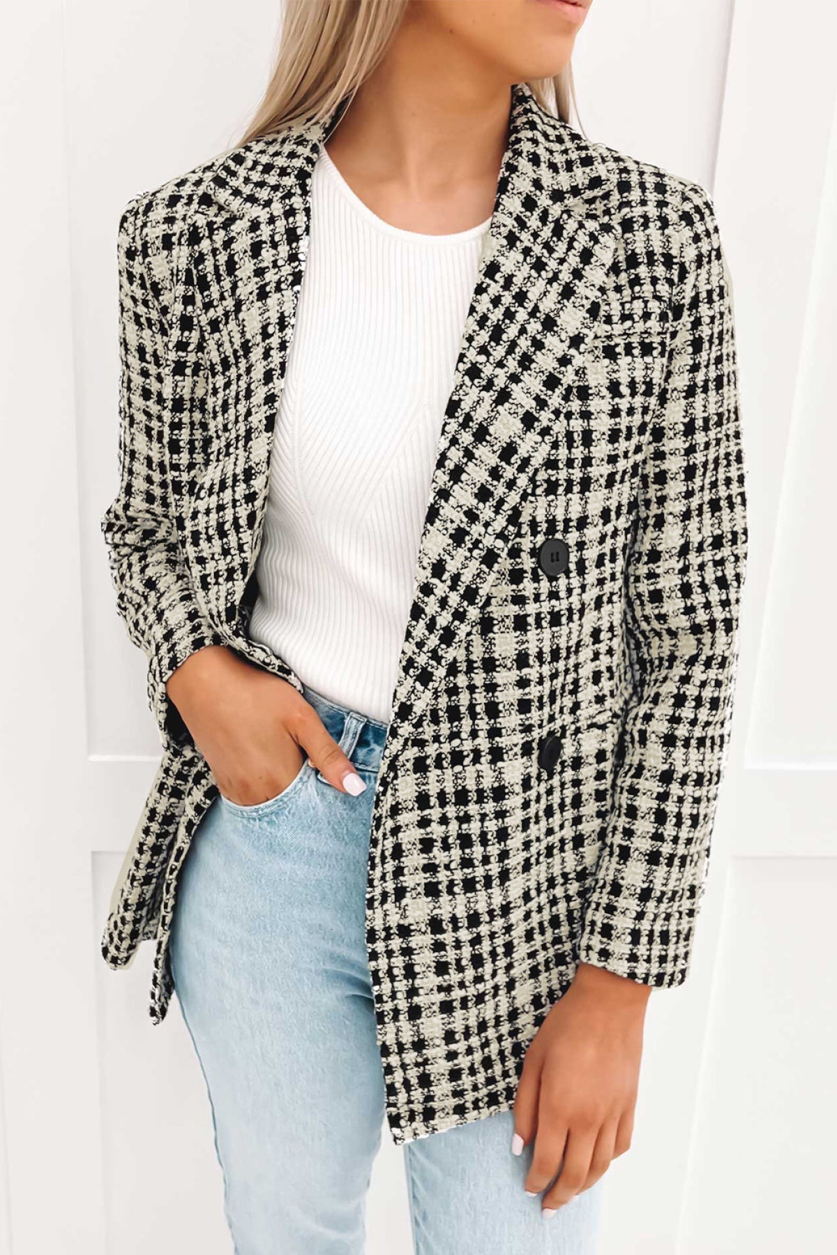 Black White Lapel Collar Buttoned Tweed Blazer