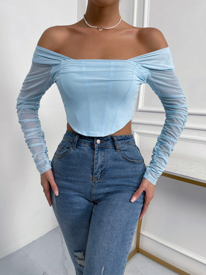 Off-Shoulder Mesh Sleeve Crop Top