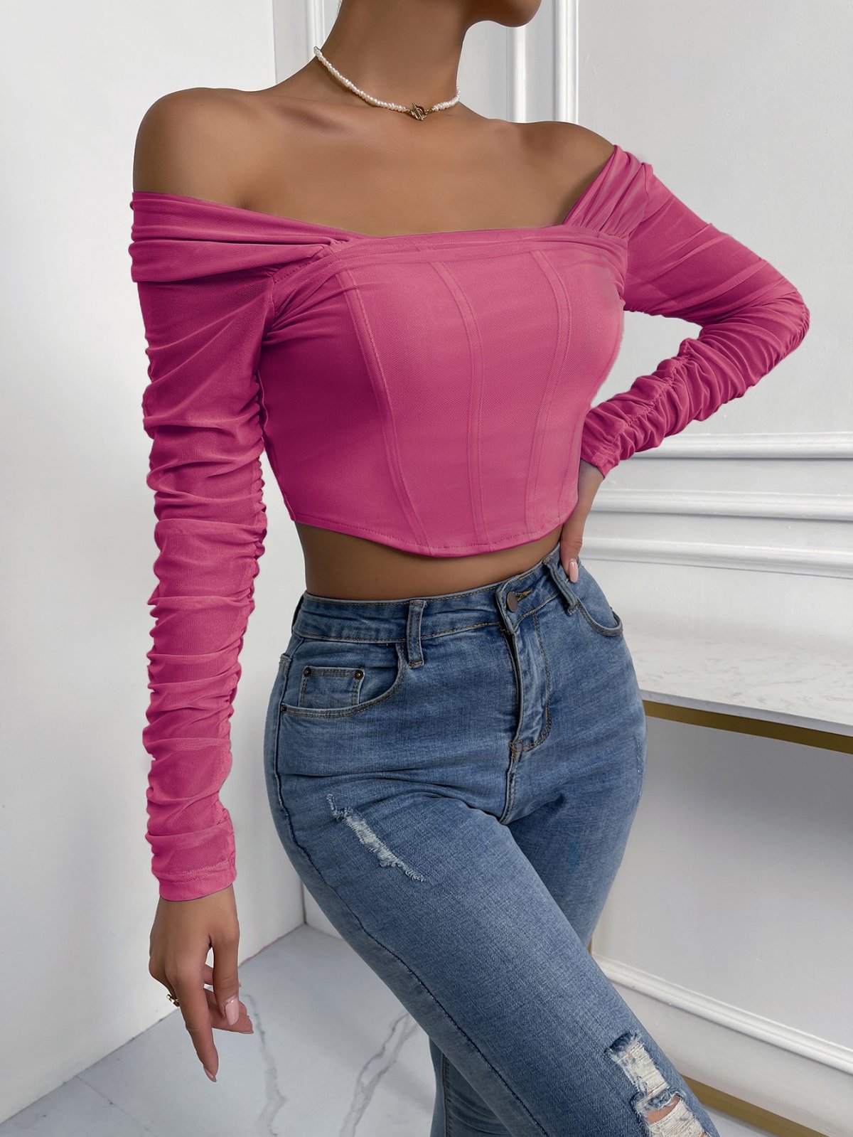 Off-Shoulder Mesh Sleeve Crop Top