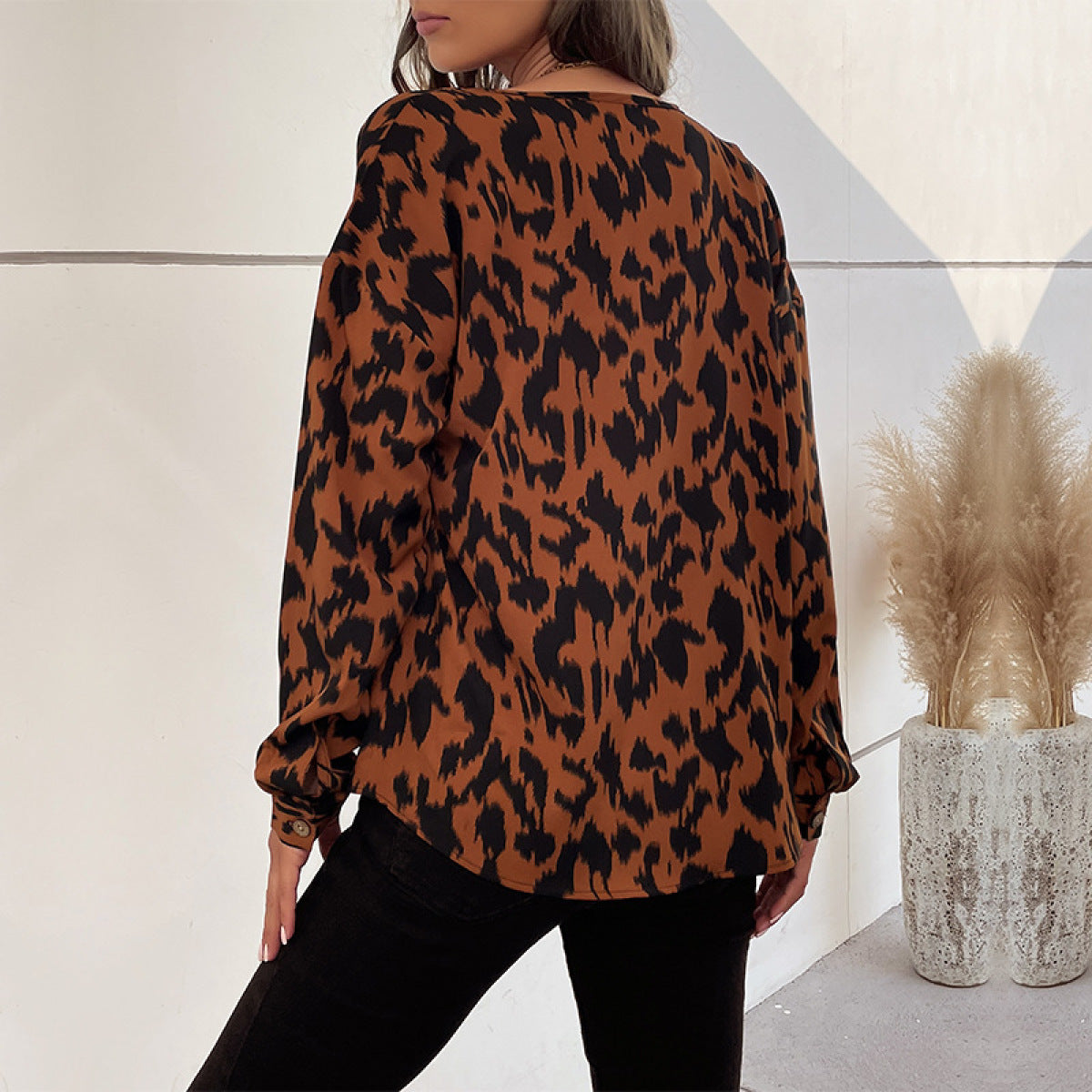 Round Neck Button Down Leopard Blouse