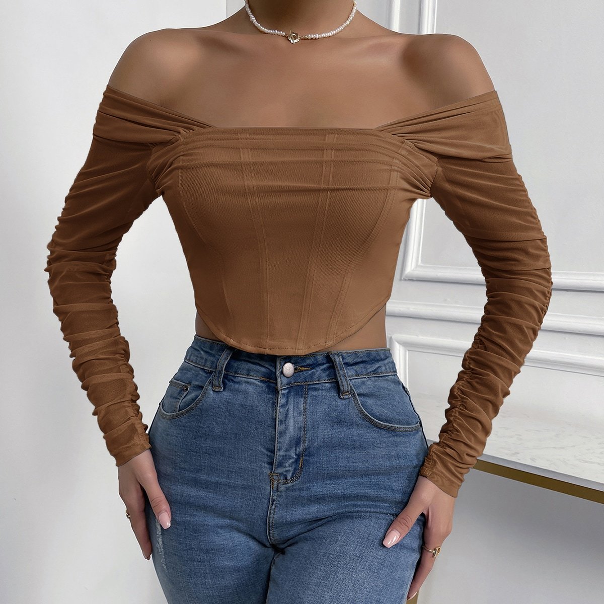 Off-Shoulder Mesh Sleeve Crop Top