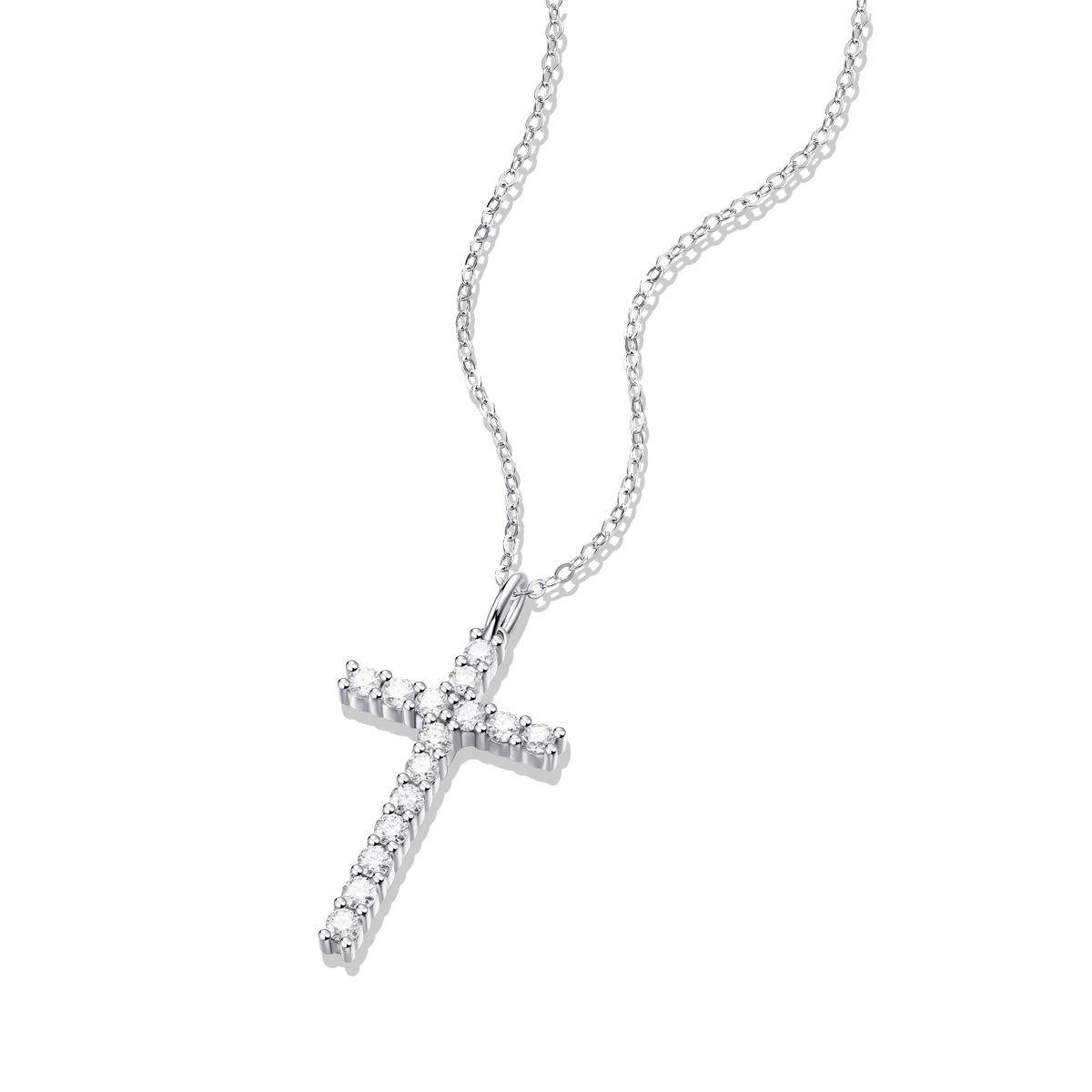 Cross-Shaped Sterling Silver Moissanite Pendant Necklace