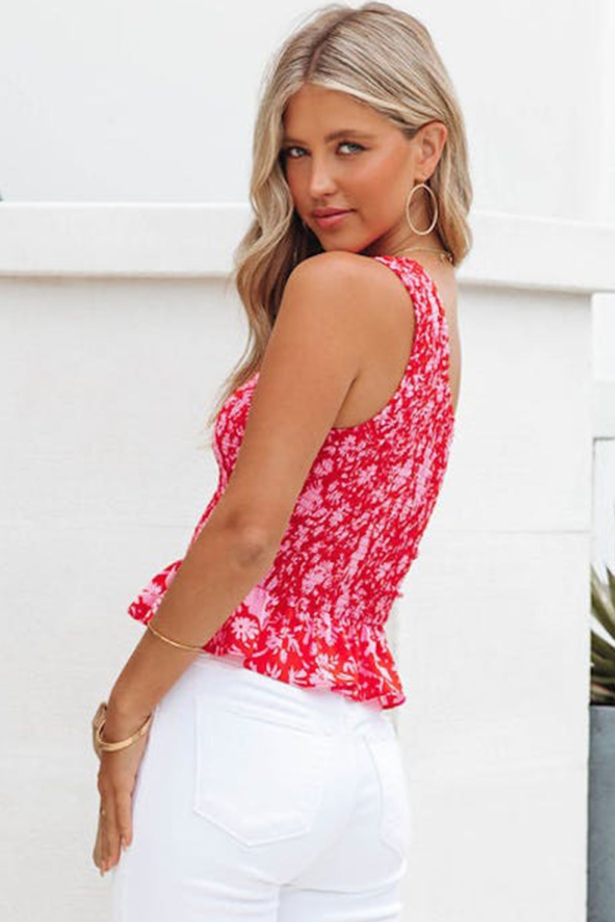 Smocked One-Shoulder Floral Tank