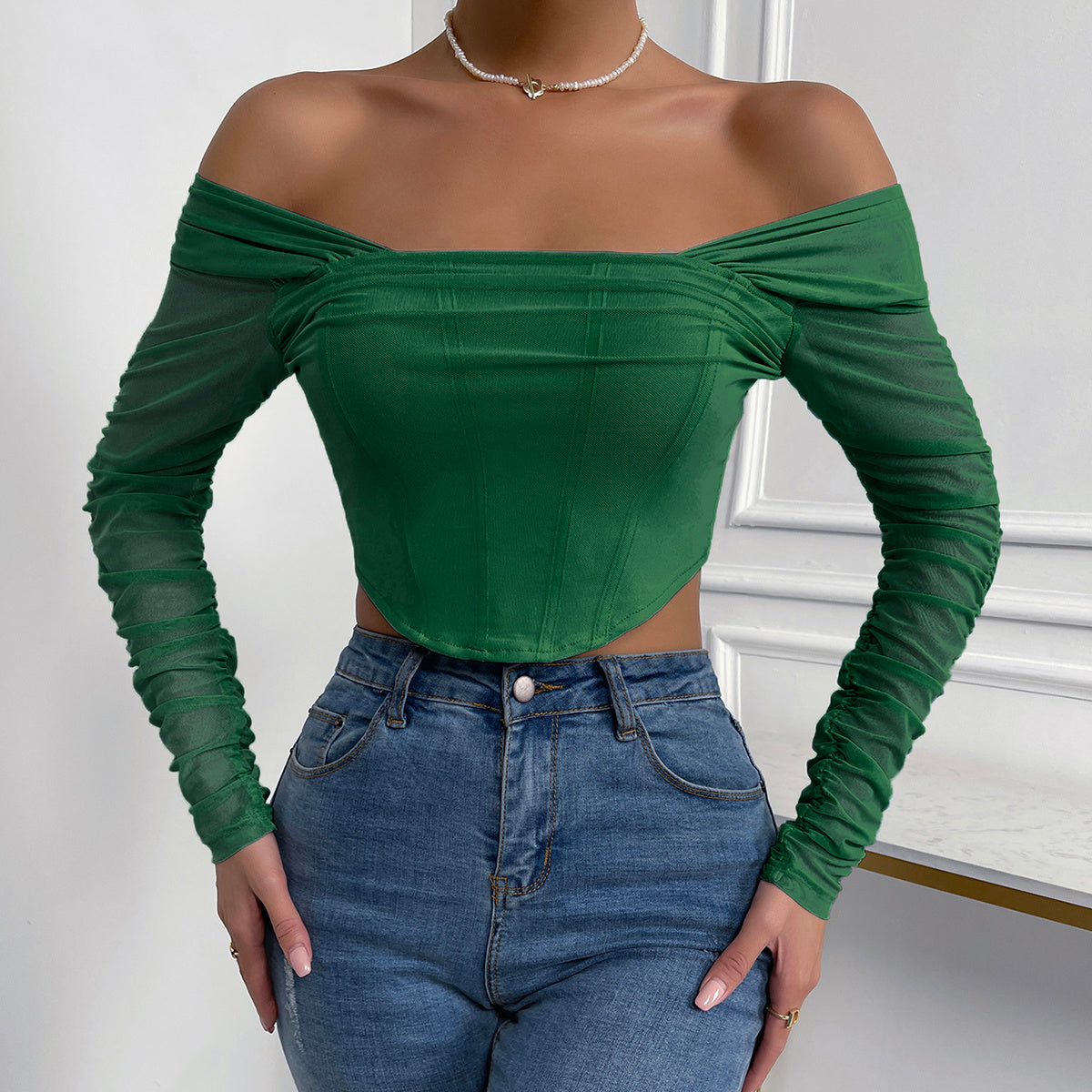 Off-Shoulder Mesh Sleeve Crop Top