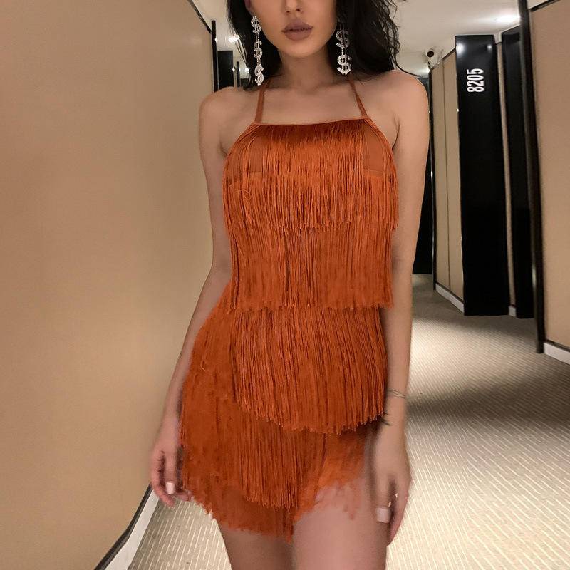 Solid Halter Backless Fringed Detail Romper