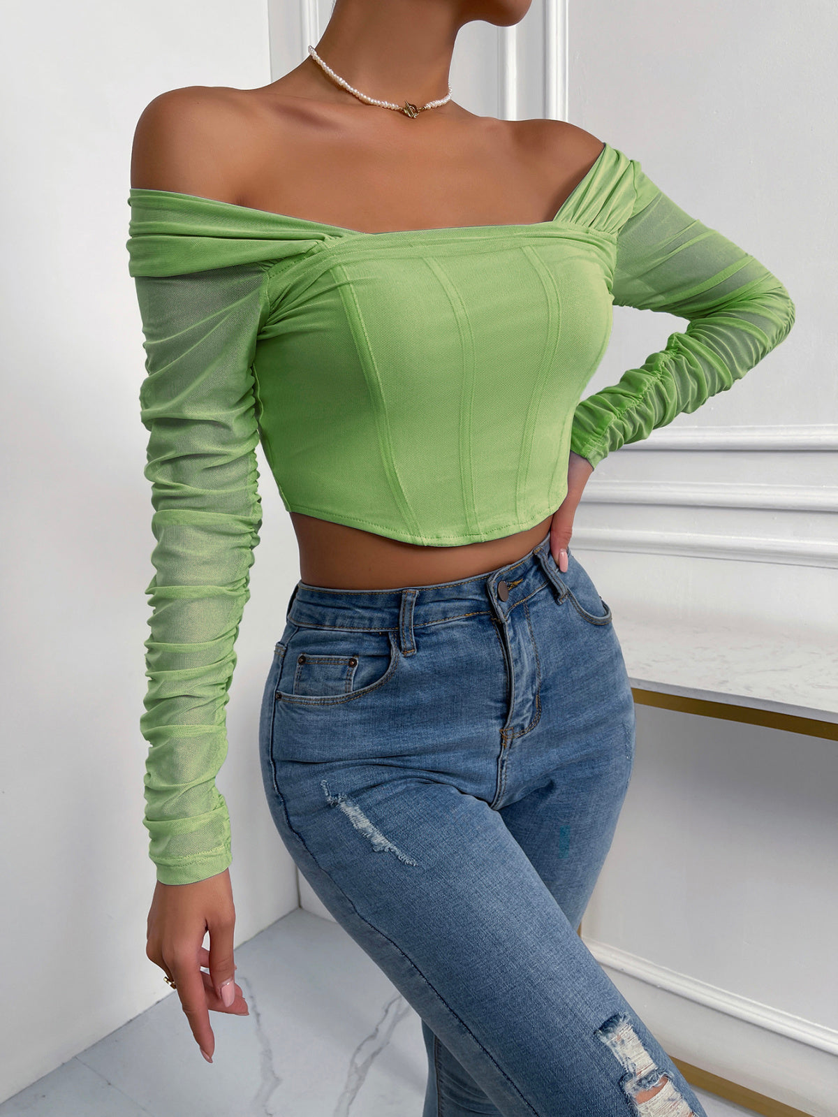 Off-Shoulder Mesh Sleeve Crop Top