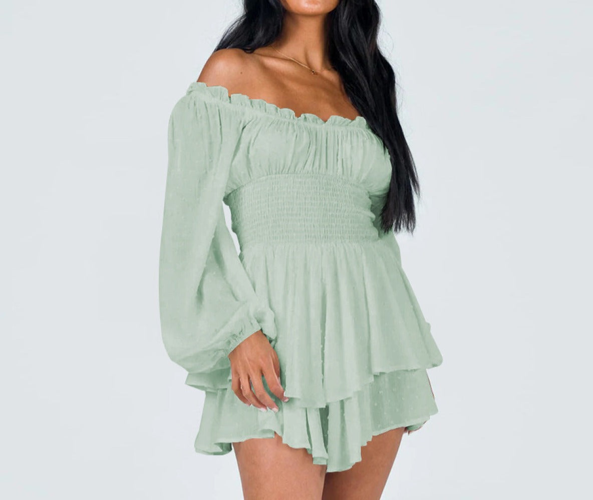 Off-Shoulder Smocked Elastic Waist Pleated Rompers