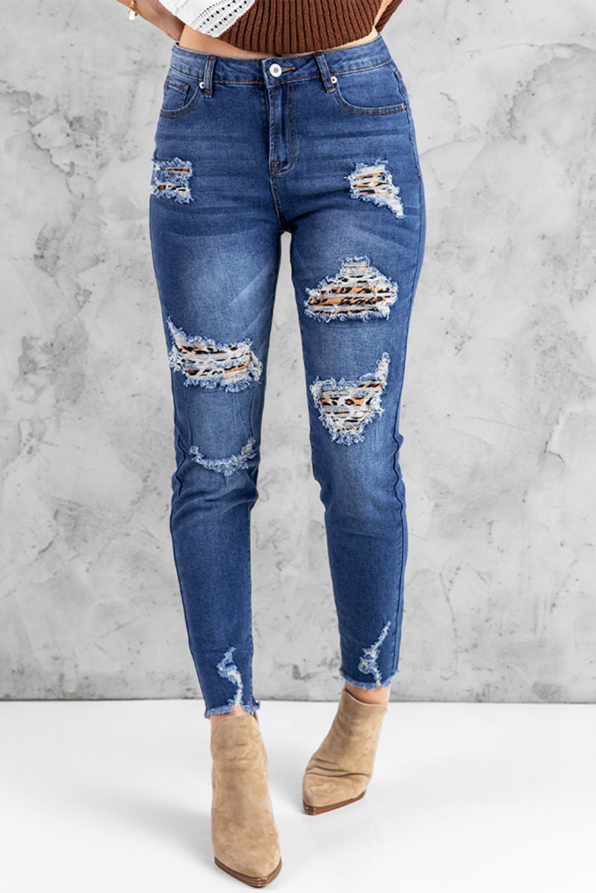 Dark Blue Washed Skinny Jeans With Distressed Leopard Print