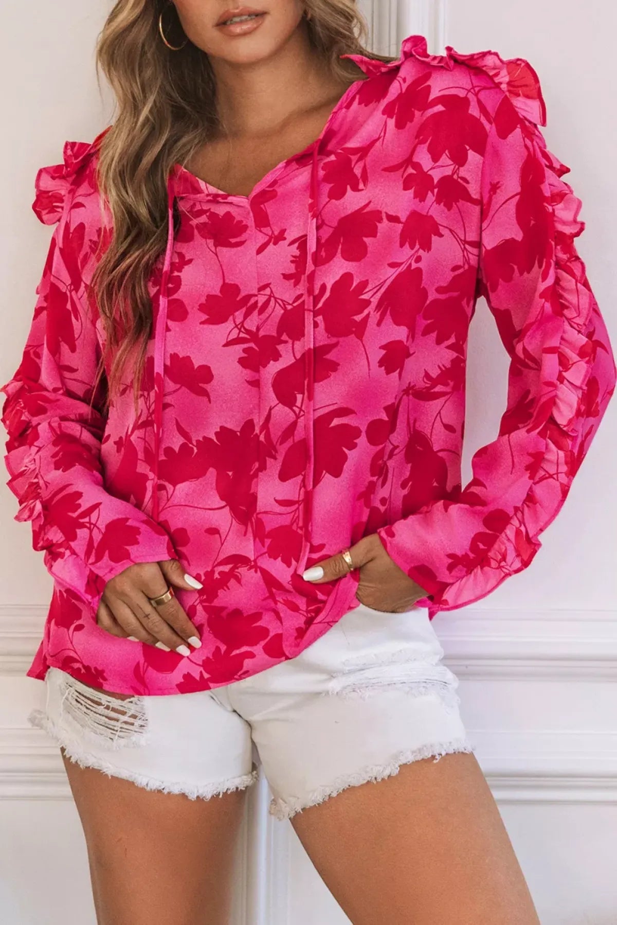 Rose Ruffled Floral Print Blouse