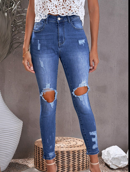 Blue Ripped Distressed High Waist Skinny Jeans