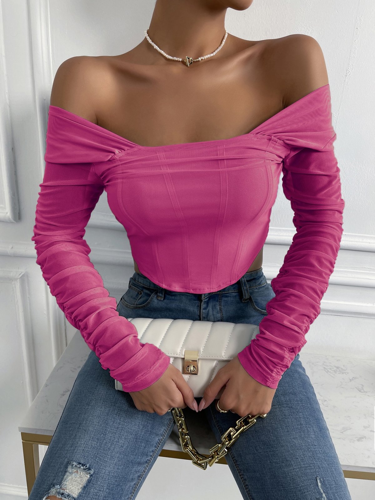 Off-Shoulder Mesh Sleeve Crop Top