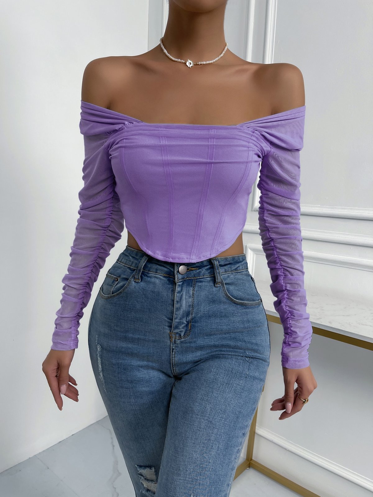 Off-Shoulder Mesh Sleeve Crop Top