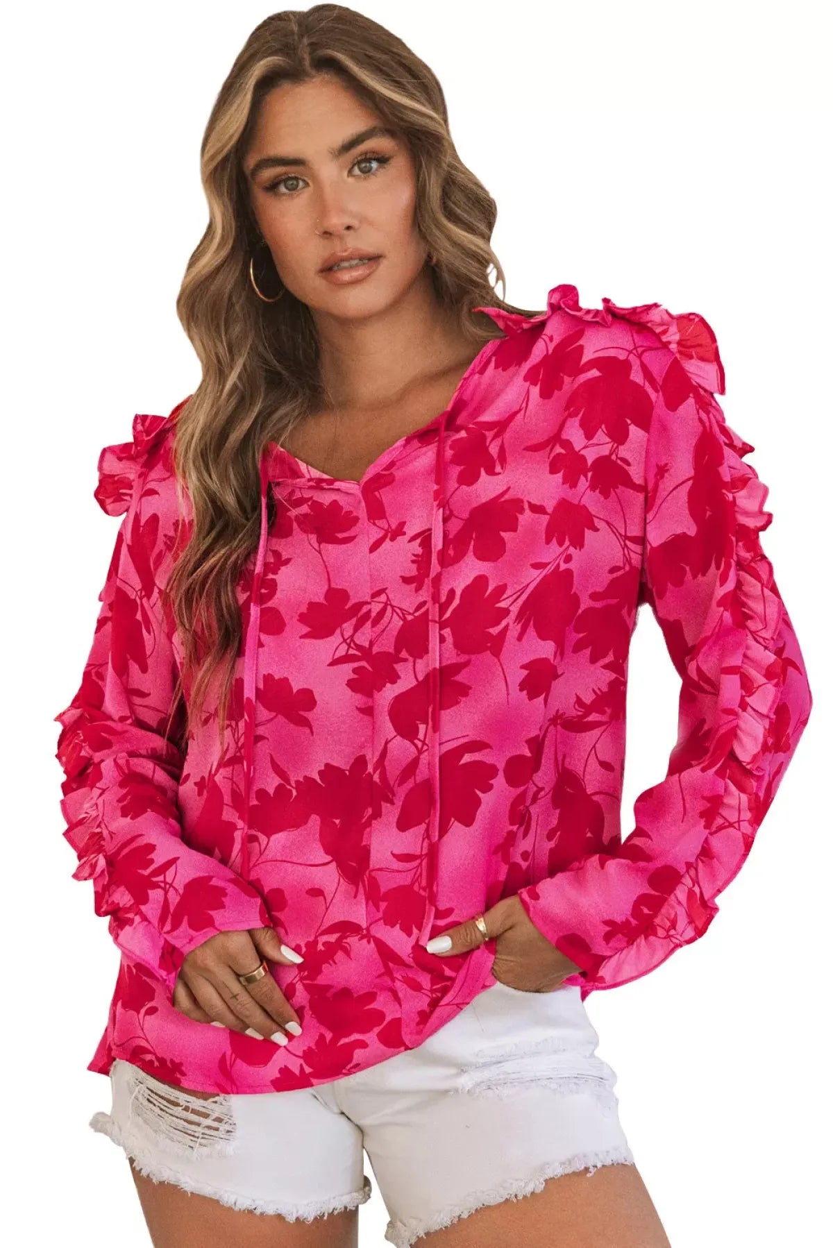 Rose Ruffled Floral Print Blouse