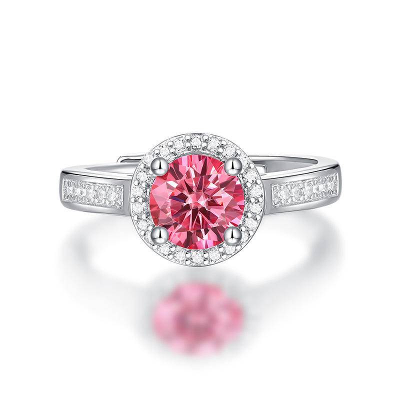 Pink Round-Shaped Sterling Silver Moissanite Adjustable Ring