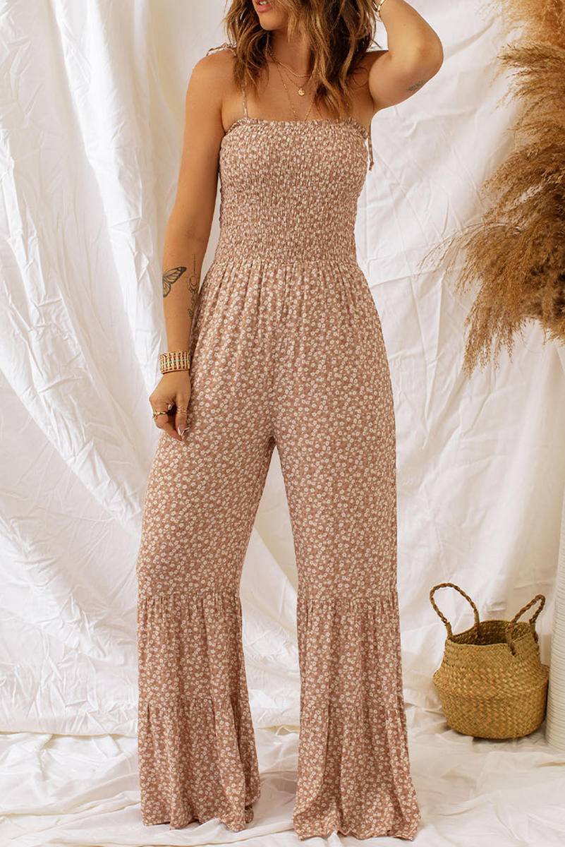 Straps Smocked Bodice Wide Leg Floral Jumpsuit