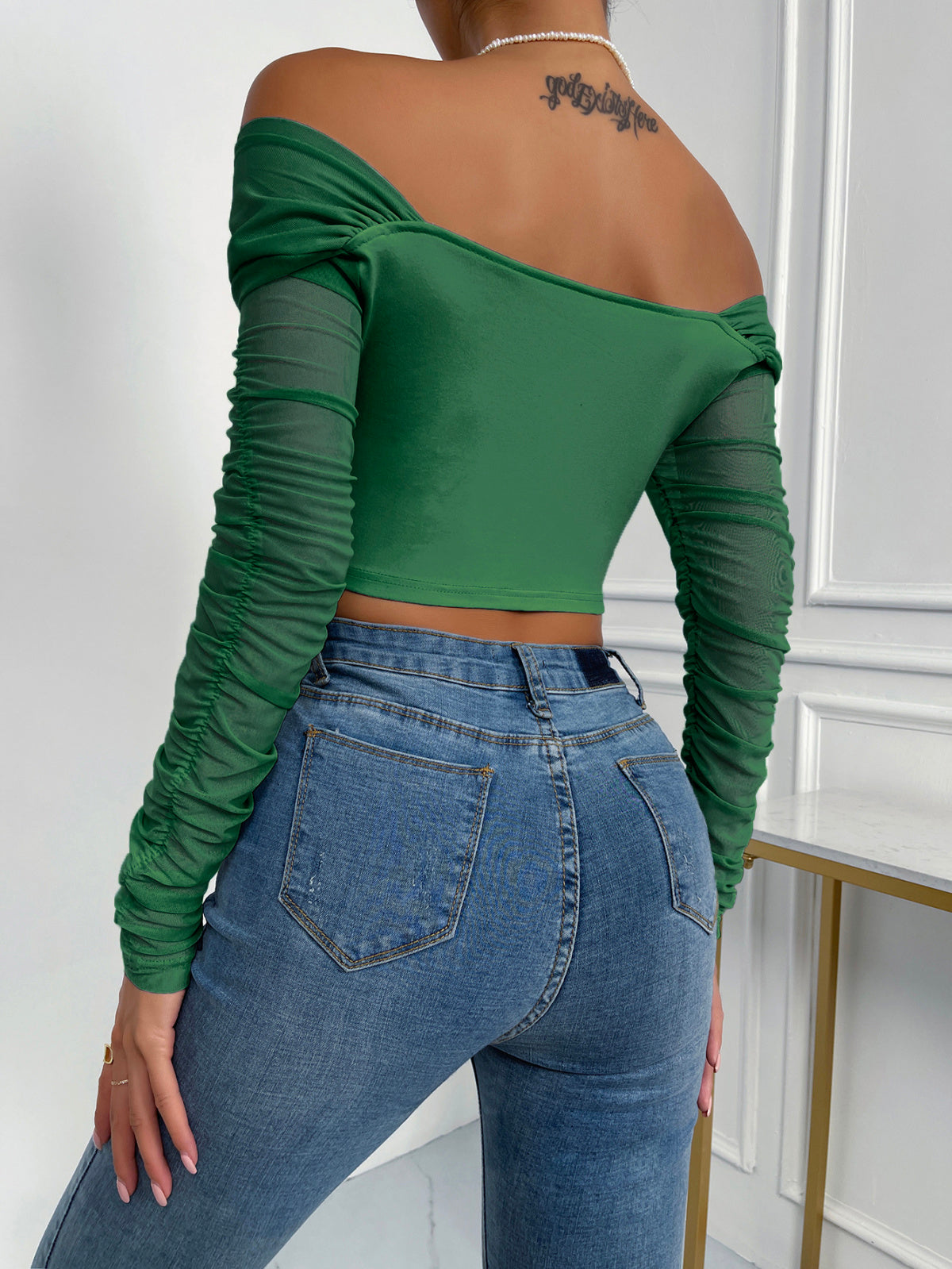 Off-Shoulder Mesh Sleeve Crop Top