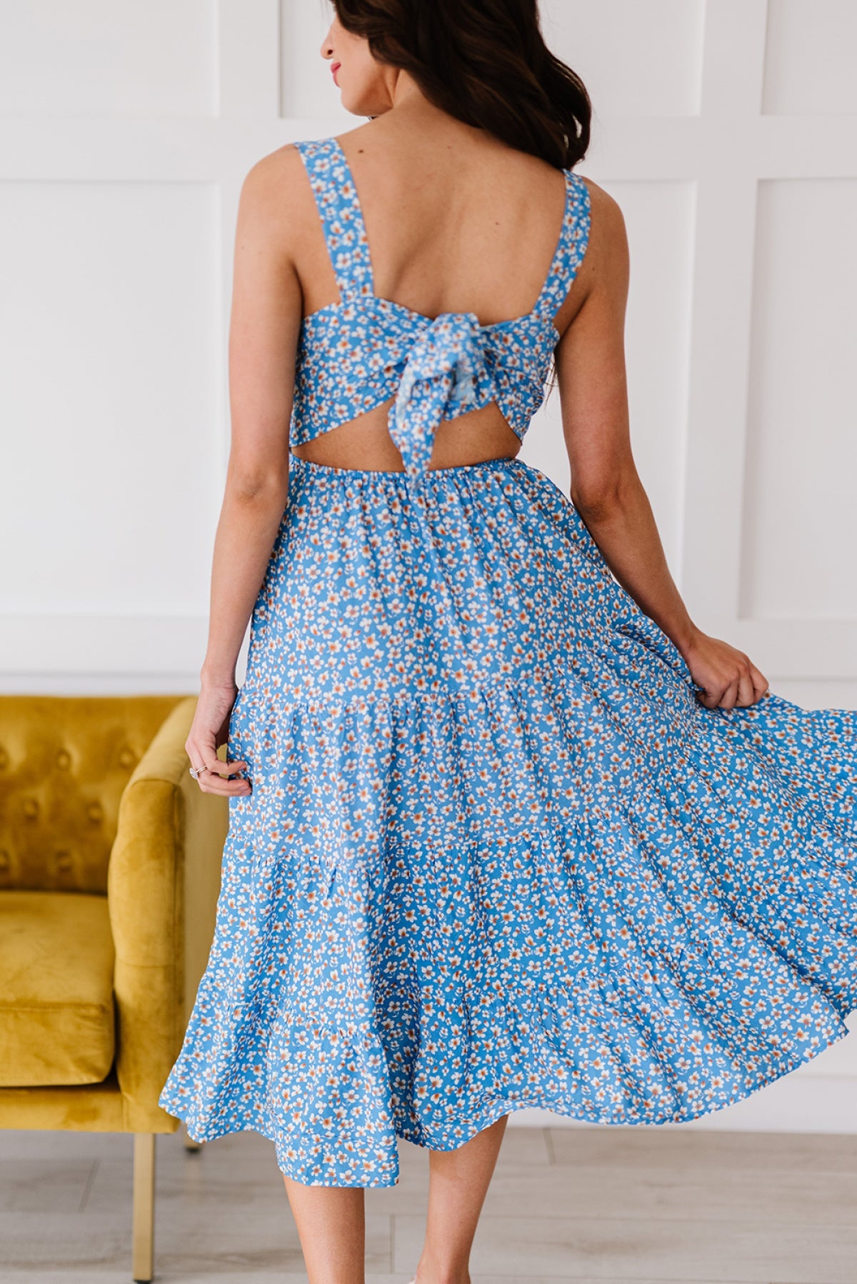 Sky Blue Floral Tie Back Long Dress