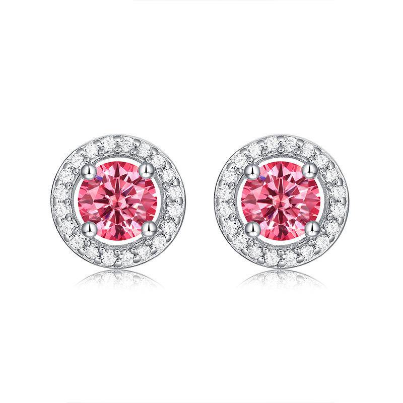 Pink Round-Shaped Sterling Silver Moissanite Stud Earrings